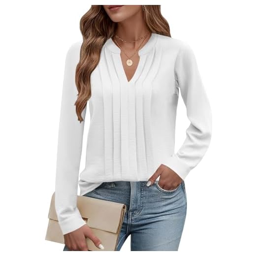 Cuptacc Damen Bluse Langarm V-Ausschnitt Blusentop Chiffon Pullover Damen Elegant Casual Tunika Tops Weiß, XL 46-48