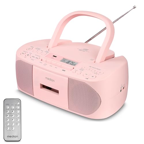 MEDION E65010 Stereoradio (CD-Player, Kassette, USB Anschluss, AUX Audioeingang, MP3-Widergabe. UKW PLL Radio,40 Senderspeicher, Batteriebetrieb, Fernbedienung) rosa
