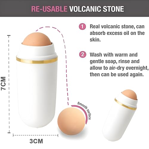 Image of Oil-Absorbing Volcanic Roller & FREE 2 Extra Stones | Portable & Reusable Facial Skincare Tool for Oily Skin | Makeup Sponge Remove Excess Shine | Mattifying Oil Control & Makeup Roller (Standard, 1, count)