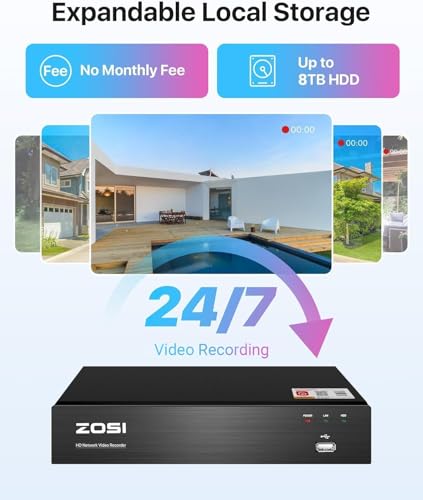 Image of ZOSI 4K PoE Home Security Camera System, 4pcs 5MP Wired Outdoor Indoor Cameras, 120ft Night Vision, Motion Alert, H.265+ 8 Channel 8MP NVR with 2TB Hard Drive, Remote Access for 24 /7 Surveillance