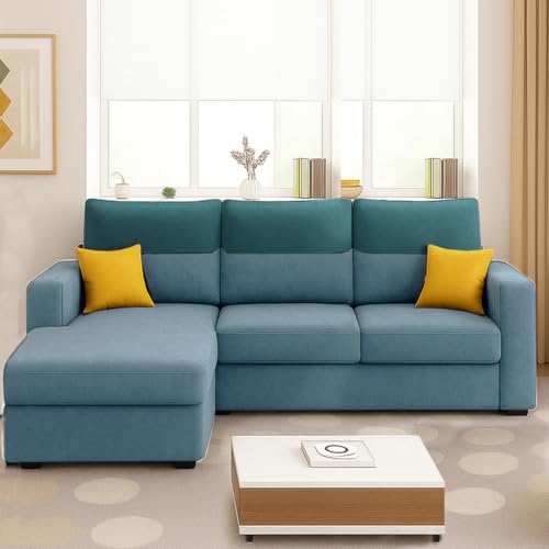 Image of Furny Tokiaa 4 Seater Fabric LHS L Shape Sofa Set (Sky Blue) | Soft Velvet Fabric | Modern Design | Comfortable Seating | Living Room Furniture