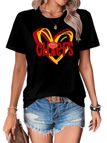 JDyymiys Football T-Shirt Women Game Day Shirts Football Team Fans Pullover Shirt Heart Graphic Short Sleeve Tops Black Medium