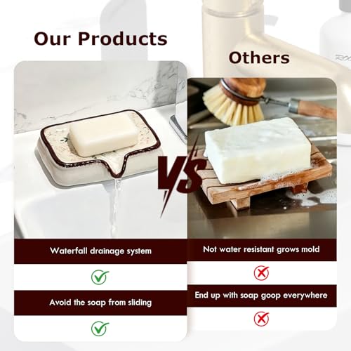 Image of Ceramic Non-Slip Soap Holder with V-Drainage | Elegant Nordic Floral Pattern for Shower, Bathroom & Kitchen Sink - Reduces Waste