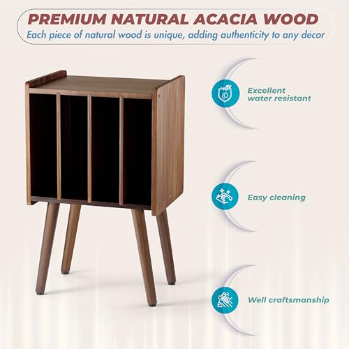 2BHOME Wooden Record Player Stand, Vinyl Record Storage Holder Table with 4 Cabinets, Holds up to 100 LPs, Metal Organizer Stand, Classical Design for Files/Book (Walnut, 2 Tier)