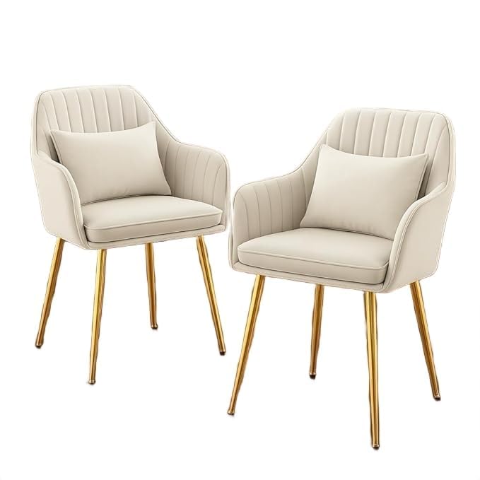 Image of Toxigo Velvet Office and Garden Area Outdoor Chairs | Cushion Seat Chair with Pillows for Modern Contemporary Upholstered with Polished Rosegold Metal Designer Piece | Set of 2 (Off White)