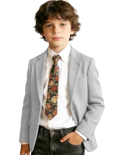 Boys Tweed Blazer Suit Jacket Retro Herringbone Sport Coats Boys' Fashion Homecoming School Uniform Iittle Boy Winter Blazer Light Grey 16-18