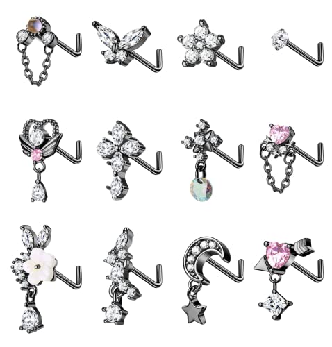 Diamday 12Pcs 20G Anneaux de Nez Dangle Goujons en Forme de L pour Les Femmes Clous de Nez en Acier Inoxydable Croix CZ Papillon Coeur Fleur Dangling Nez Piercing Bijoux Noir Cover