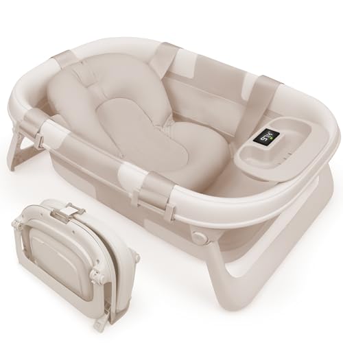 Image of Jool Baby Fold ‘n Store Baby Bathtub – 3 Stage Collapsible Bather for Easy Storage, Portable for Travel – Built-in Thermometer (Oatmeal)