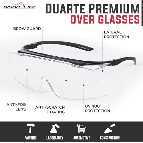 Image of Bison Life VisonSafe Duarte Safety Goggles, Clear Anti-Scratch Anti-Fog Lens with Black Frame, UV400 Impact-Resistant Over-Glasses for Industrial & Laboratory Use - Pack of 1