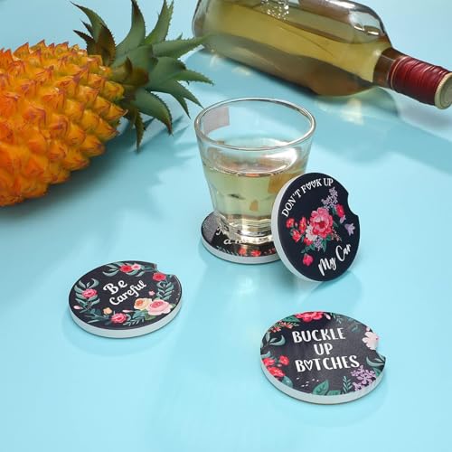 Boao 4 Pcs Car Cup Holder Coasters 2.56 Inch Floral Style Coasters Absorbent Ceramic with Finger Notch for Keeping Cup Holders Dry Clean Cute Car Accessories Interior for Women(Black Background)