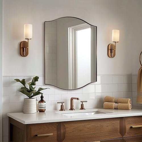 Image of ANDY STAR 24 inchx32 inch Bronze Bathroom Mirror, Rectangle Scalloped Wall Mirror in Stainless Steel Metal Frame, Modern Brushed Bronze Finish with Curved Edge Design, Wall-Mount Mirror for Bathroom, Entryway