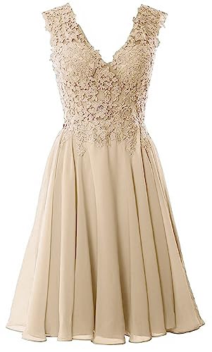Beyonddress Damen Chiffon Abendkleider Elegant Kurz Spitze Brautjungfernkleider V-Ausschnitt Ballkleider Cocktailkleider(Champagne,52)