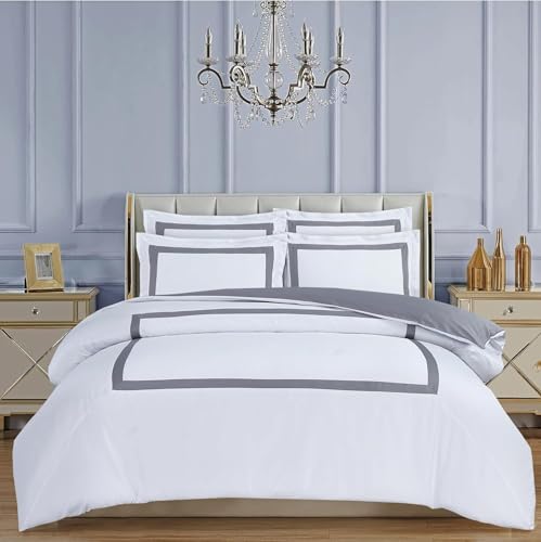 Majestic Giftware Madison Linen 4 Pcs Full Size Duvet Bedding Set (BL4-F-8-4pcs) Province Hotel Collection-White-Gray Tape 400 TC Cotton Sateen | 1 Fitted Sheet, 1 Duvet, 2 Pillowcases