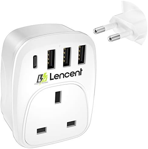 Lencent UK to EU Euro Europe Plug Adapter,European Travel Adapter with 3 USB Ports&1 USB C Port for Italy Switzerland Germany Spain France Portugal Greece Russia Netherlands&more (Type C) Lencent UK to EU Euro Europe Plug Adapter,European Travel Adapter with 3 USB Ports&1 USB C Port for Italy Switzerland Germany Spain France Portugal Greece Russia Netherlands&more (Type C)