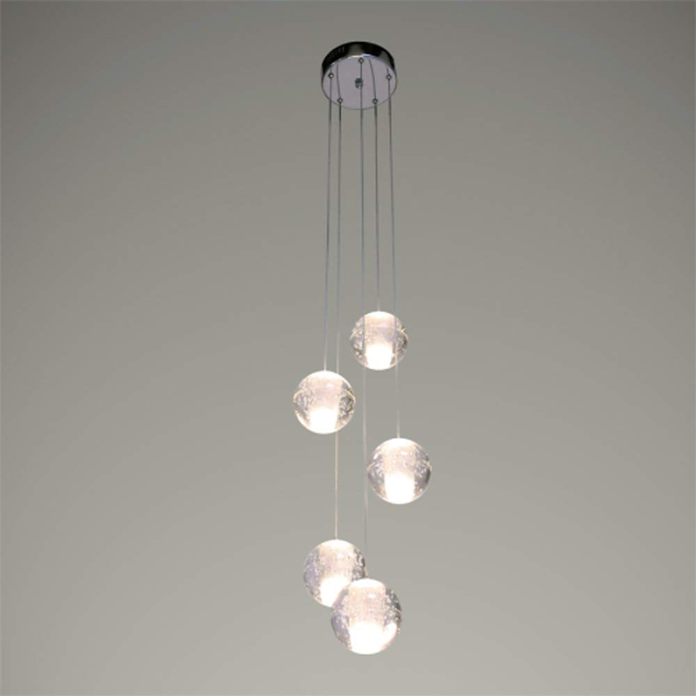 5 Heads Crystal Ball Pendant Light G4 LED Modern Drop Chandelier Height Adjustable Hanging Lamp Ceiling Lighting For Living Room Spiral Staircase Hall,Cold White-15W