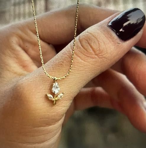 Image of Gold-Tone White Crystal Tulip Necklace for Women, Flower Pendant Dainty Chain Floral Style, Stainless Steel Anti Tarnish necklace Waterproof Hypoallergenic, Gift for Her Daily wear