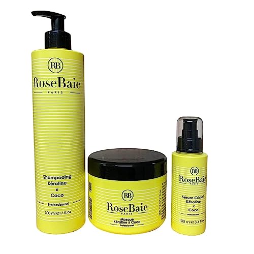 ROSEBAIE | Sérum Coco et Kératine | Nutrition et Hydratation | Cheveux abîmés et secs | Shampoing 500ml Masque 500ml Sérum 100ml