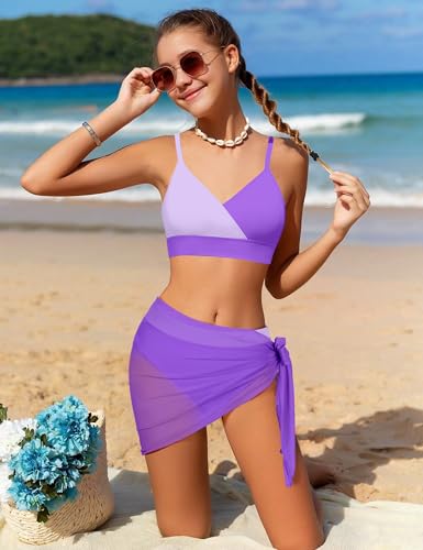 Image of Girls Swimsuit V Neck Bikini Set Color Block with Cover Up 3Pcs Bathing Suits