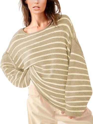 Women's Oversized Striped Knit Sweater Loose Long Sleeve Drop Shoulder Pullover Sweatshirt Tops