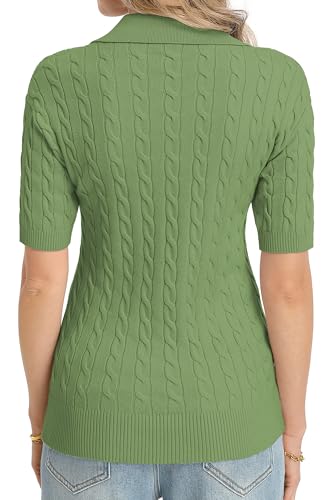 Image of QUALFORT Cable Knit Women's Short Sleeve Sweater Soft V Neck Polo Tops