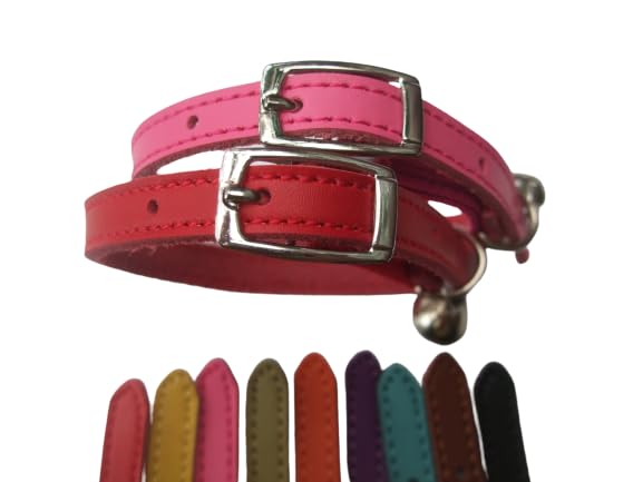 Cat Collar 2 pack set Real Leather Elasicated Safety Elastic bell, Pair Choose colours (Pink and Red)