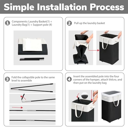 Image of Goodpick Hamper with Wheels 75L 2-Pack, Tall Laundry Basket with Removable Wash Bags, Rolling Black Laundry Hamper for Corner Dorm, Large Collapsible Laundry Baskets