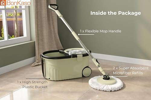 Image of Bonkaso Spin Mop with Stainless Steel Wringer & Big Wheels | 360 Rotating Mop, Adjustable Handle | Easy Floor Cleaning Bucket Set with 2 Microfiber Refills - Mint Green & Black (46 x 26.5 x 23 cm)