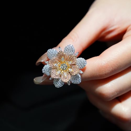Aura & lrena Statement Flower Ring for Women, 18K Gold Plated Adjustable Open Band Cocktail Ring, 3D Floral Zirconia Fashion Jewelry, Bold Elegant Ring Gift4