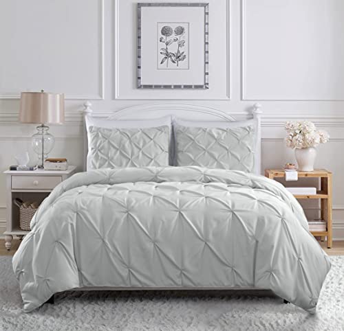 Chezmoi Collection Berlin Light Gray Pinch Pleat King Comforter Set, 3-Piece (Comforter and Pillow Shams) - Soft Pintuck, Lightweight All Season Microfiber Bedding