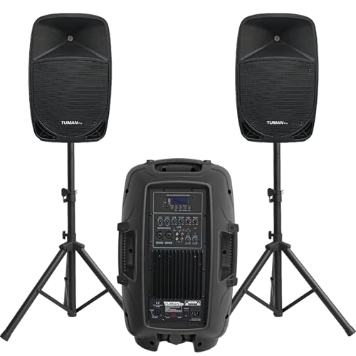 12inch PA Speaker System, 1000W High Powered Bluetooth Compatible Active + Passive Pair Outdoor Sound Speakers, Outdoor Karaoke Machine?FM Radio, Remote Control, 2 Speaker Stand, Supports SD Card/USB
