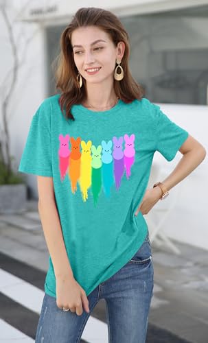 Image of Women Happy Easter T Shirt Bunny Rabbit Graphic T-Shirt Funny Letter Printed Shirts Short Sleeve Tops