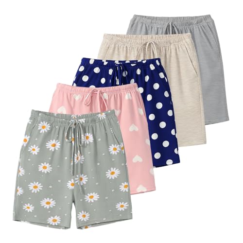 OAKVON Women’s 5-Pack Pajama Shorts – Soft Lounge Sleep Shorts with Drawstring and Pockets