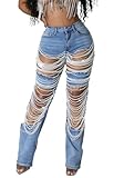LETSVDO Women's Sexy Ripped Jeans High Waist Distressed Rhinestone Pearl Chains Stretch Denim Pants Clubwear