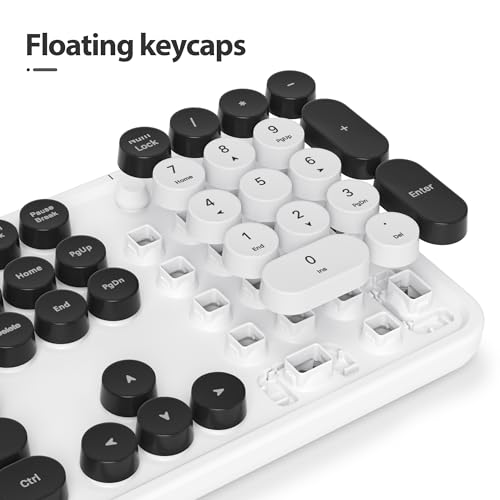 Image of Owpkeenthy Wired Cute Keyboard, Plug and Play USB Retro Round Typewriter Keyboard, Full Size Wired Keyboard with Foldable Stands for Laptop and Office PC (Minimalist White)