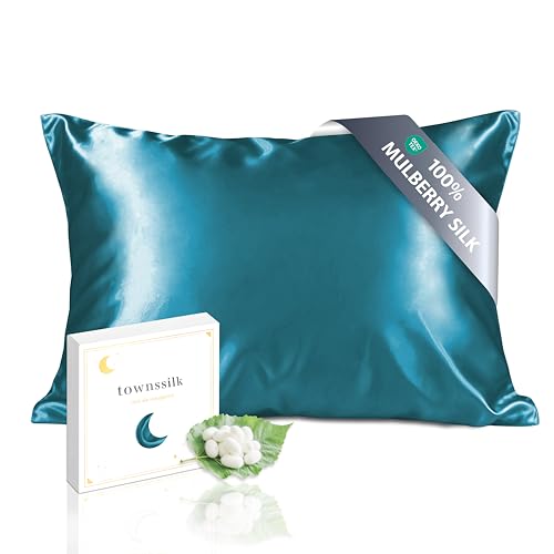 townssilk Federa seta cuscino,100% naturale seta di gelso 19momme,doppia faccia,benefica per capelli e pelle,ipoallergenica,cerniera nascosta,1 pz,50x80cm,peacockblue