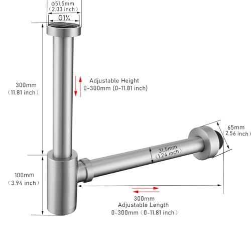 RANDOM Brass Round Bottle P-Trap 1 1/4,Raise and Lengthen Adjustable Basin Sink Waste Drain Trap Kit,Brushed Nickel.RD-83888BN-L