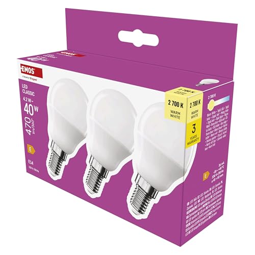 EMOS LED Lampe Mini Globe 3er Pack, 4,2W Ersatz für 40W Glühbirne, kleine Birne mit E14 Sockel, Helligkeit 470 lm, Warmweiß 2700 K, 30000 h Lebensdauer, CRI min. 80, 150° Abstrahlwinkel