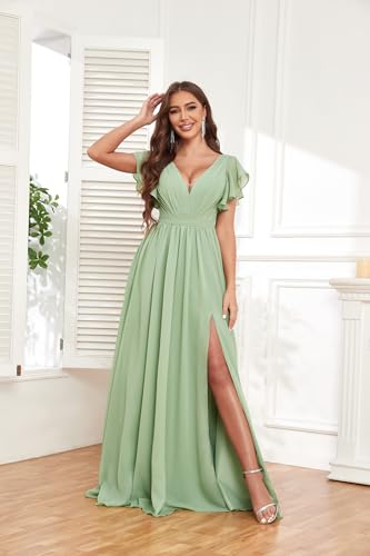 Long Bridesmaid Dresses for Women V Neck Short Sleeve Leg Slit A Line Corset Back Chiffon Maid of Honor Dress2