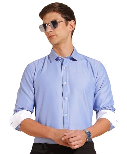 Image of Fyltr Men's Regular Fit Oxford Cotton Blend Shirt - Full Sleeve | Contrast Trim Fabric | Formal Shirts for Men
