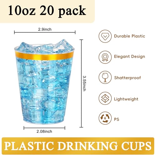 Image of 20 Pcs 10oz Gold Plastic Cups,Clear Plastic Cups with Gold Rimmed,Gold Rim Clear Disposable Plasitc Cocktail Tumblers Wine Cup for Party,Wedding,Birthday,Christmas
