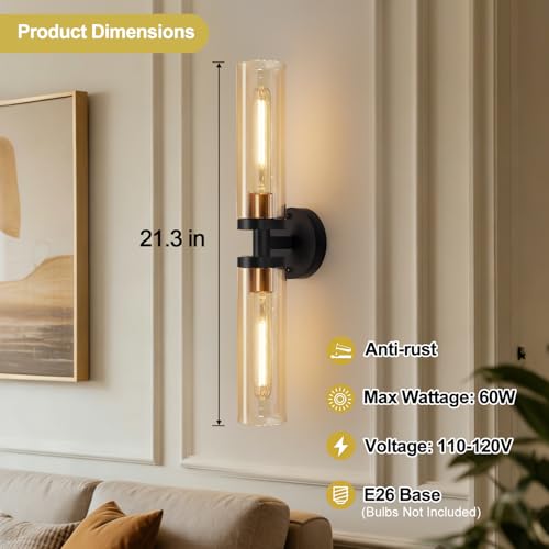 Image of Indoi Wall Sconces Set of Two, Hardwired Black and Gold Bathroom Sconces Wall Lights with Amber Glass, Modern Sconces Wall Decor Set of 2 Vanity Light fixtures for Bathroom Mirror Living Room