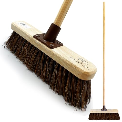 12” Garden Broom Outdoor with Durable Support Bracket Yard Brush Heavy Duty Outdoor with 120 cm Wooden Handle Natural Stiff Bassine Hard Bristle Broom Sweeping Brush
