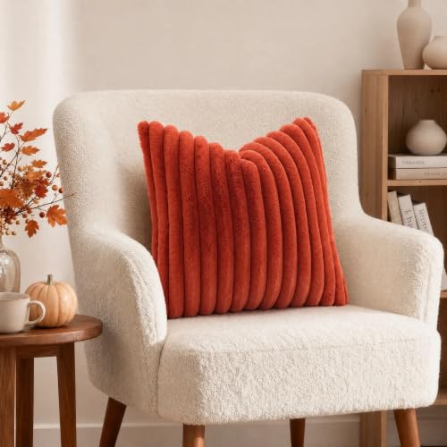 Image of decorUhome Fall Cozy Faux Fur Throw Pillow Covers 26x26 Set of 2 Decorative Soft Plush Striped Modern Farmhouse Boho Couch Euro Sham Pillow Cases with Velvet Back for Sofa Bed Living Room, Rust
