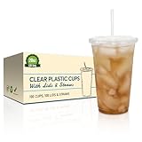 Plastic Cups with Lids and Straws [ 20oz -100 Sets ] Clear Disposable Cups Ideal for Iced Coffee, Juice, Bubble Boba, Smoothie, Soda, Cocktail Party and Tea etc.