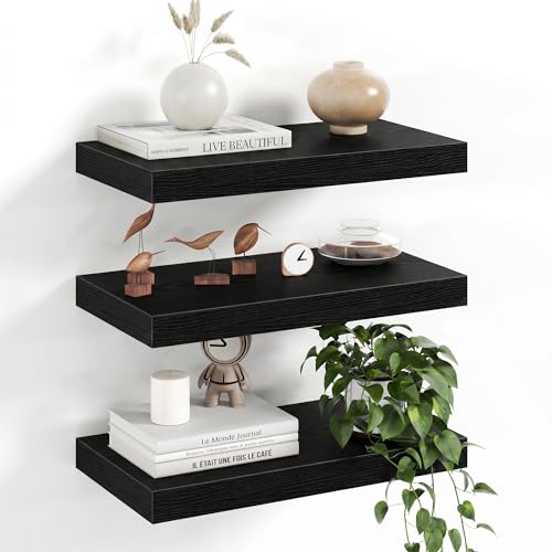 Image of Fun Memories 16Inch Floating Shelves for Wall, 8 Inch Deep Shelves for Bathroom|Bedroom|Kitchen Wall Mounted, Wood Hanging Shelf with Invisible Brackets for Home Storage Decor, Black - 3 Pack
