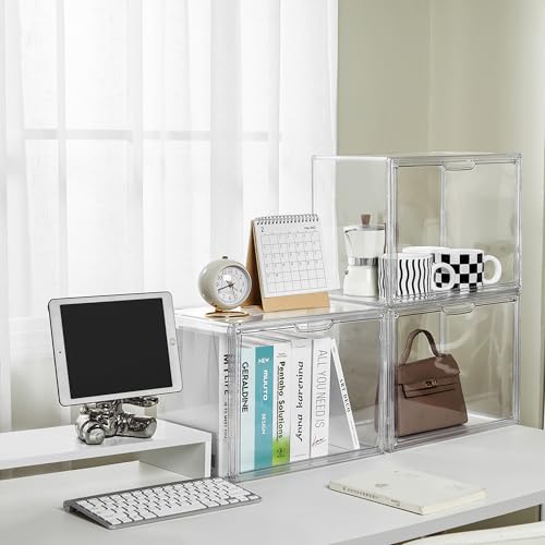 Image of Clear Stackable Plastic Storage Bins with Magnetic Attraction Lid, Acrylic Box Display Case Showcase for Cosmetic, Large Figures Collectibles (4 Pack, X-Large)