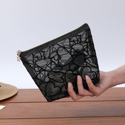 Image of Trapezoidal Mesh Makeup Bag Flocking Heart Printed, Portable Travel Mesh Cosmetic Bags Toiletry Bags Makeup Purse Bags Five-pointed star zipper pull Storage Pouches, for Home Travel
