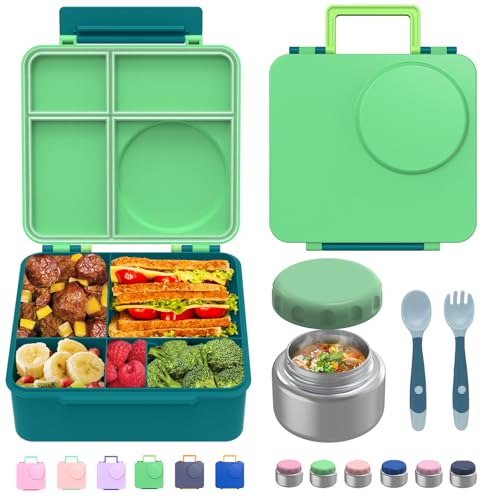 JoyYum Bento Box for Kids - Leak-Proof Bento Lunch Box with Insulated Thermo Food Jar - 4 Compartments 1 Removable Divider 1 Spoon 1 Fork - Dishwasher Safe BPA-Free (Green)
