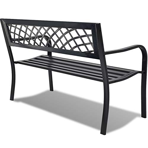 Garden Bench Yard Outdoor Patio with Armrests Sturdy Steel Frame Furniture Metal Bench Porch Work Easy Assembly,Black