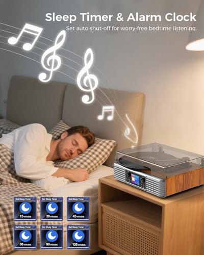 Bluetooth Record Player with Built-in Speakers, USB to PC Recording, 3-Speed Belt-Drive Turntable with AUX in & RCA Output, Brown Wood Grain Retro Vinyl Player for Home or Gift Use - Les Beatles, Paul McCartney, John Lennon, RIngo Starr, George Harrison Bluetooth Record Player with Built-in Speakers, USB to PC Recording, 3-Speed Belt-Drive Turntable with AUX in & RCA Output, Brown Wood Grain Retro Vinyl Player for Home or Gift Use – Image 5